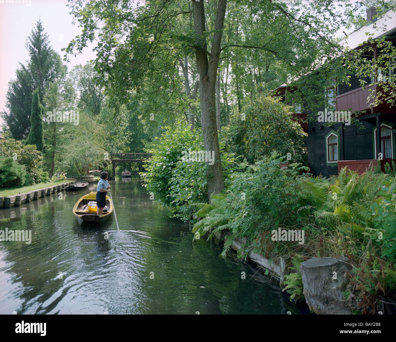 Jutta Prudenz, Germany`s only postwoman, who uses a punt to deliver mail; here in village of Lehde, Upper Spreewald, Spreewald, Stock Photo